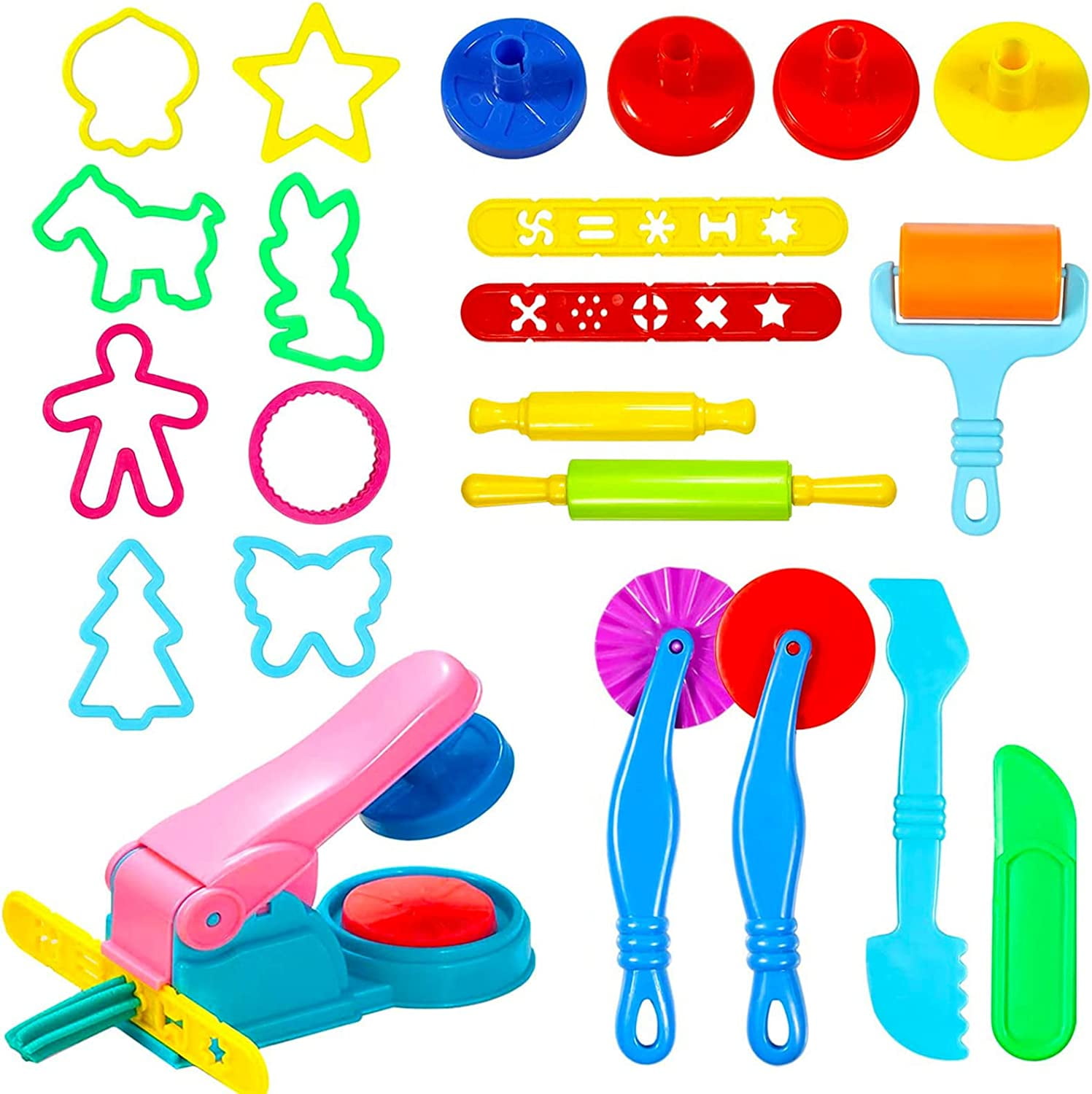 Dough Tools Play for Kids- Toy Set Accessories with Stamps Cutter Rolling  Pin Extruder Molds and Storage Box Party Favors Set for Age 2-8