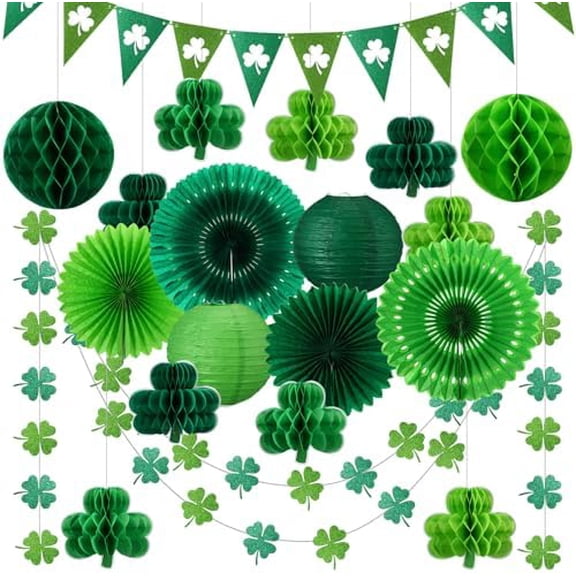 22 Pcs St Patricks Day Decorations Shamrock Clover Garland Green Party Supplies Four-Leaf Tissue Paper Fan Paper Lantern Honeycomb Balls for Irish Party Saint Patricks Day Decor