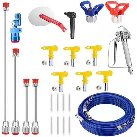 22 Pcs aIRLESS pAINT sPRAYER kIT 3600 psi sPRAY gUN WITH 50FT hIGH pRESSURE hOSE, 6 rEVERSIBLE tIPS, 4 eXTENSION rODS, 6 fILTERS, gUIDE tOOL & nOZZLE sEAT pROFESSIONAL pAINTING sET