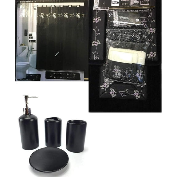 22 Piece Bath Accessory Set Beverly Black Flower Bath Rug Set + Shower Curtain & Accessories