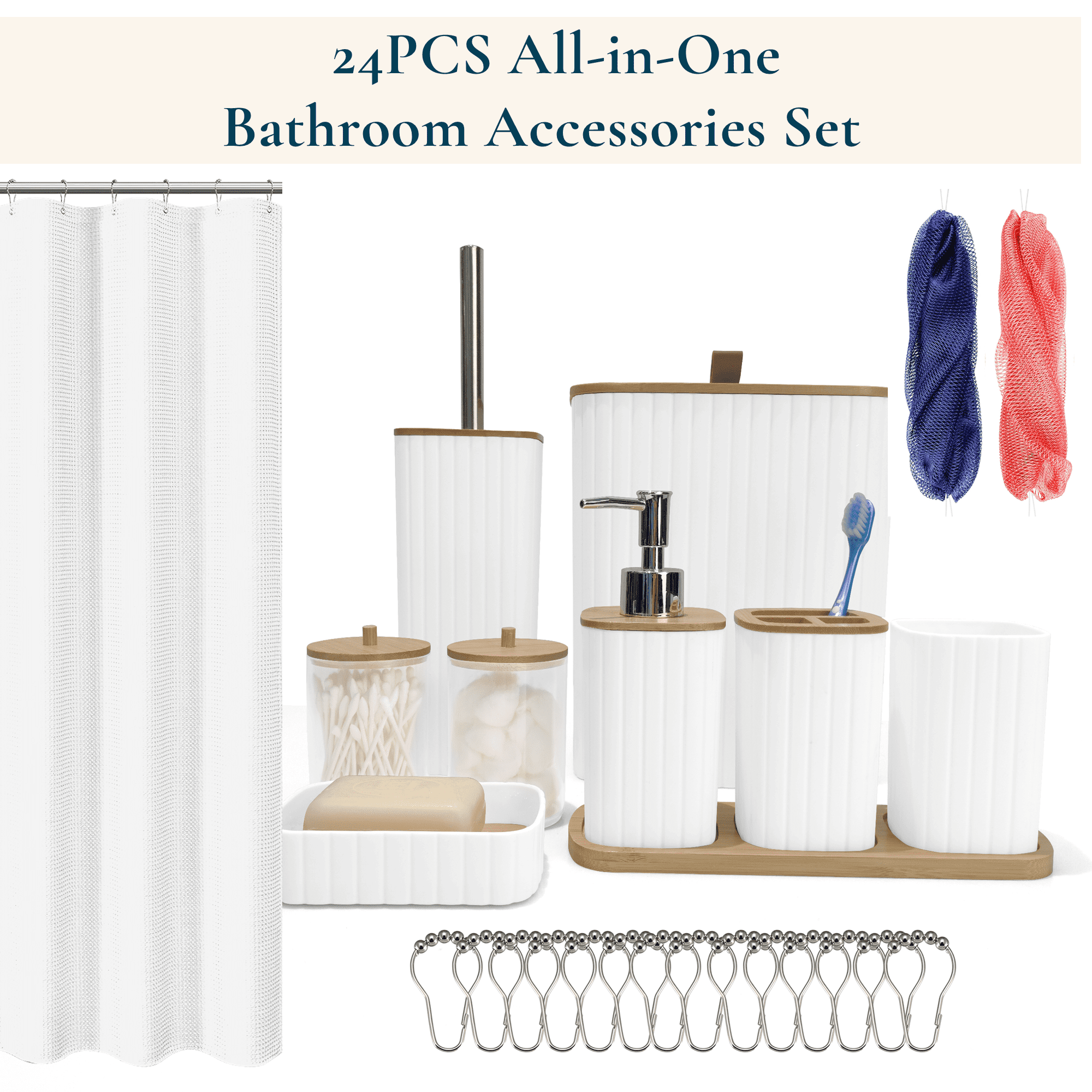 ComfiTime 24PCS Bathroom Accessories Set - Bathroom Essentials W/ Shower Curtain, Trash Can, Toilet Brush, Tumbler, Toothbrush Holder, Soap Dispenser, Soap Holder, Qtip Holders & African Net Sponges