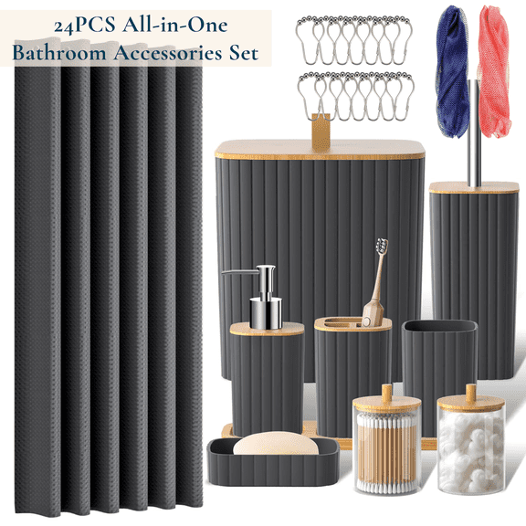 ComfiTime 24PCS Bathroom Accessories Set - Bathroom Essentials W/ Shower Curtain, Trash Can, Toilet Brush, Tumbler, Toothbrush Holder, Soap Dispenser, Soap Holder, Qtip Holders & African Net Sponges