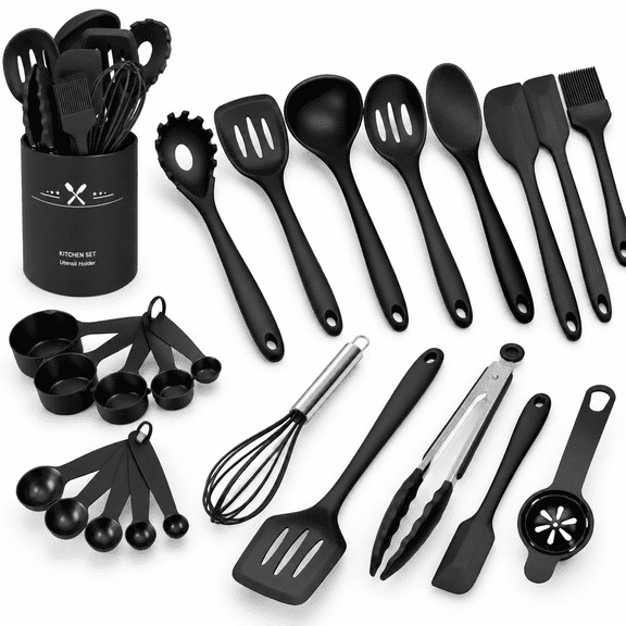 Black Silicone Kitchen Cooking Utensil Set, Heat Resistant Non-Stick ...