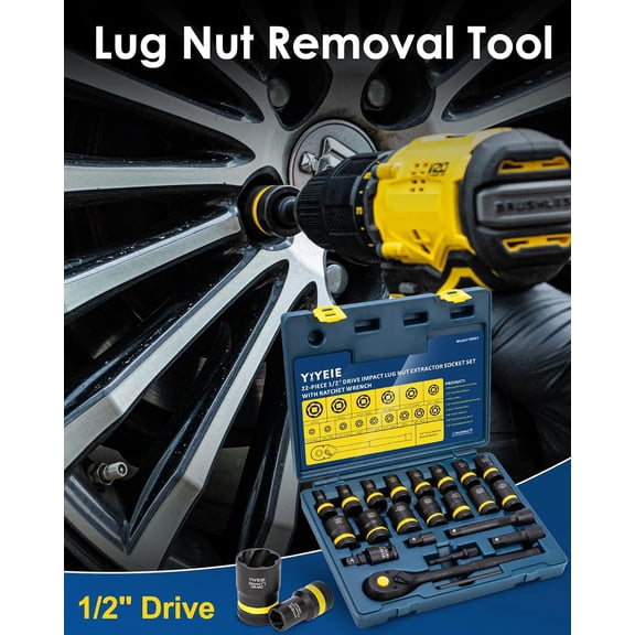 22-Piece Bolt Nut Extractor Socket Set, 1/2" Drive Wheel Lock Removal Kit with Ratchet Wrench, Locking Lug Nut Removal Tool for Stripped, Rounded, Damaged Bolts (8mm-27mm | 5/16" to 1")