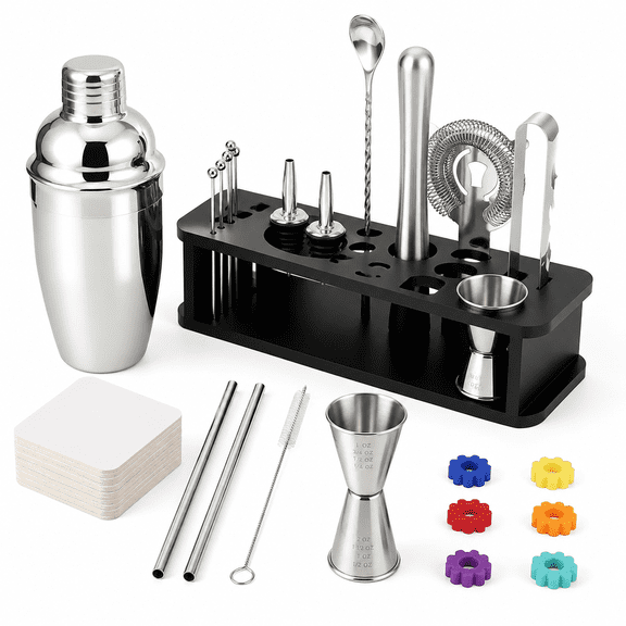 22-Piece Cocktail Shaker Set, Mixology Bartender Kit with 24oz Cobbler Shaker, Home Bar Tool Set with Black Bamboo Stand, 39 Recipe Cards, Glass Markers, Gift for Men & Dad