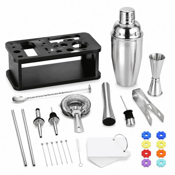 22 Piece Cocktail Shaker Set, Mixology Bartender Kit with 24oz Cobbler Shaker, Home Bar Tool Set with Black Bamboo Stand, 39 Recipe Cards, Glass Markers, Gift for Men & Dad