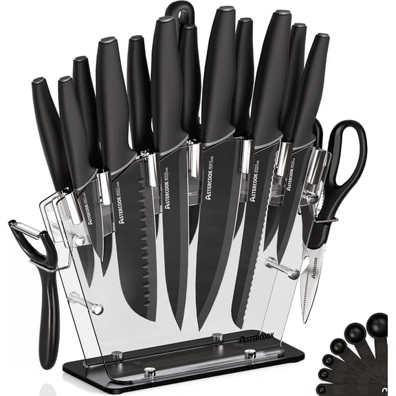 22 Piece Kitchen Knife Set with Clear Block and Sharpener Dishwasher Safe Black