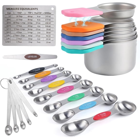 22-Piece Measuring Cups and Spoons Set, 304 Stainless Steel for MINI Measuring Spoons, with Leveler, Measurement Conversion Chart Fridge Magnet, for Measure Dry & Liquid Ingredients