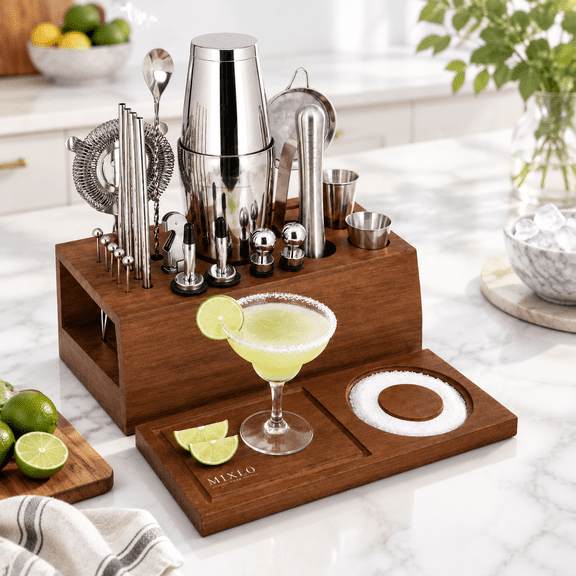 22-Piece Mixology Bartender Kit with Brown Stand, Stainless Steel Bar Tools for Home Bartending