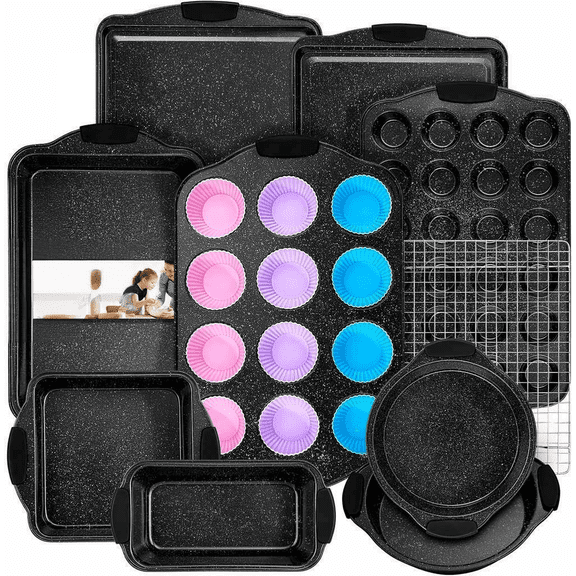 22-Piece Nonstick Bakeware Set with Silicone Handles Including Roast Pan Cookie Sheet Cooling Rack Cake Loaf and Muffin Pans Black