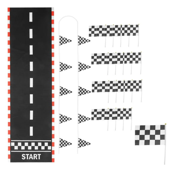 22 Piece Racetrack Floor Runner Pennant Banner Checkered Flag Tear Resistant Fabric Party Set for Kids Birthday Events