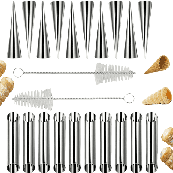 22 Pcs Danish Pastry Mould Set, Stainless Steel Cream Horn Cones and Cannoli Tubes with Cleaning Brushes, Reusable Baking Molds for DIY Waffle Cone Roll Pastry Dessert Making