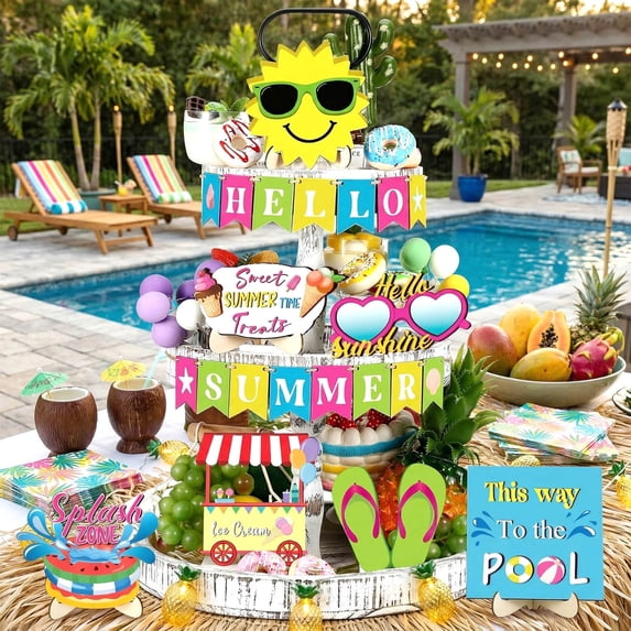 22-Piece Summer Themed Layered Tray Decor Set, Tropical Wooden Centerpiece Ornament, Tabletop Display for Kitchen Living Room Patio Party Decoration