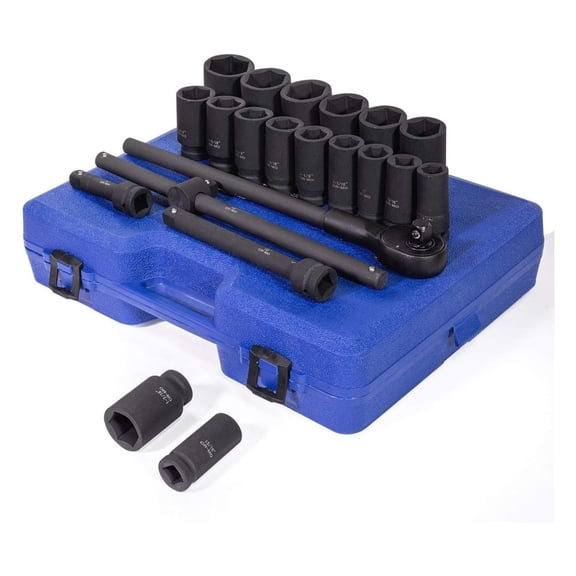 22-Pieces 3/4 Inch Drive Deep Impact Socket Set Cr-Mo Steel SAE Socket Extension Bar Sliding T-Bar (7/8" to 2" inch) with Carrying Case