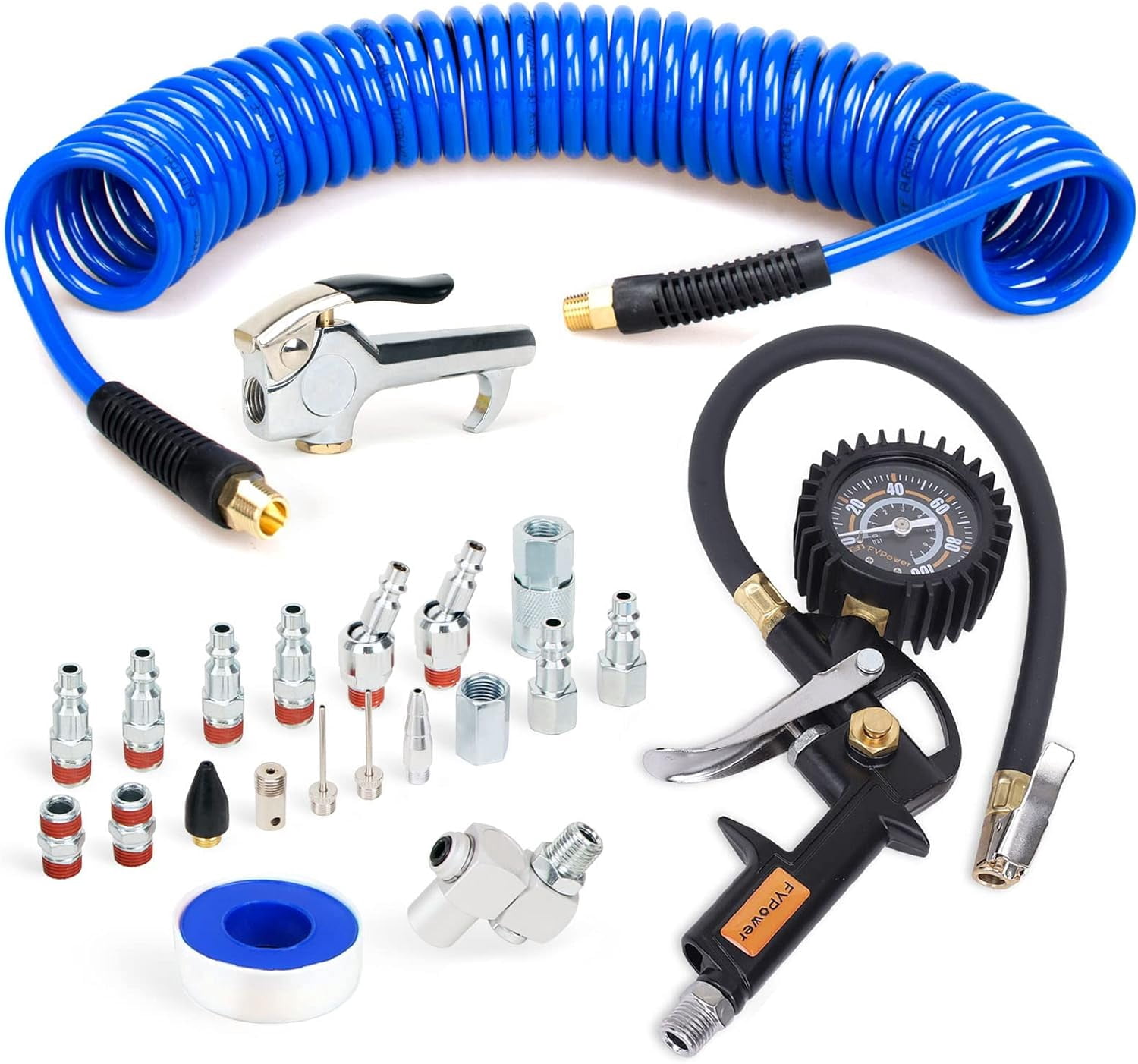 22 Pieces Air Compressor Accessories kit, 1/4 inch x 25 ft Recoil Poly ...