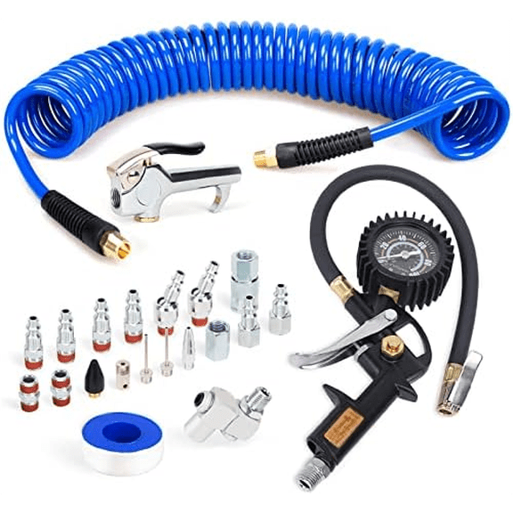 22 Pieces Air Compressor Accessories kit, 1/4 inch x 25 ft Recoil Poly Air Compressor Hose Kit, 1/4" NPT Quick Connect Air Fittings, Tire Inflator Gauge, Blow Gun, Swivel Plugs