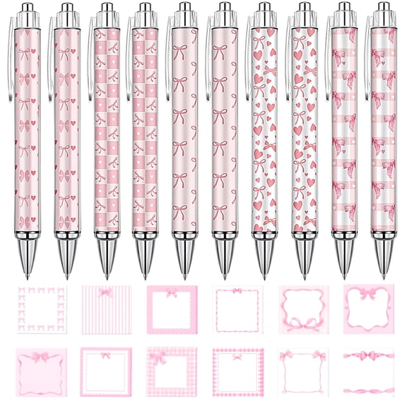 22 Pieces Cute Pink Bow Stuff,10 Pink Coquette Bow Pens and 12 Pads Bow Sticky Notes,Black Ink Ballpoint Pens for Christmas Birthday Party Gift Women Office Home Supplies