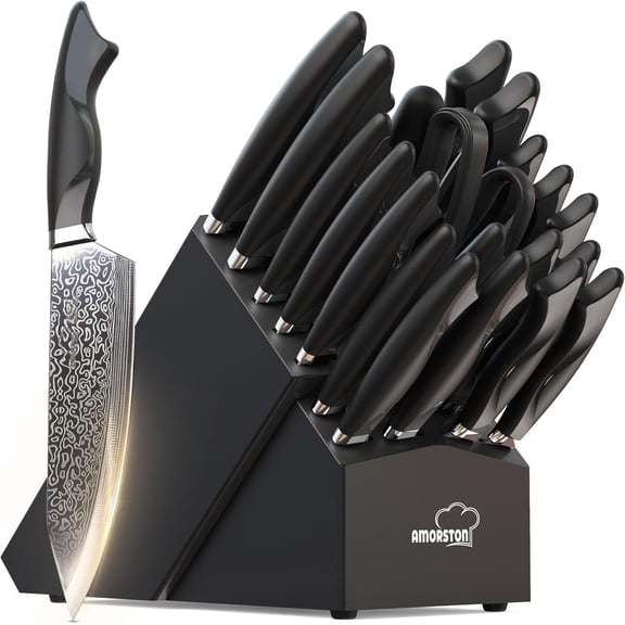 22 Pieces Knife Set, Laser Engraved High Carbon Stainless Steel Knife Block Set, Full Tang Professional Kitchen Knife Set with Built-in Sharpener, Fathers Day Gift for Men