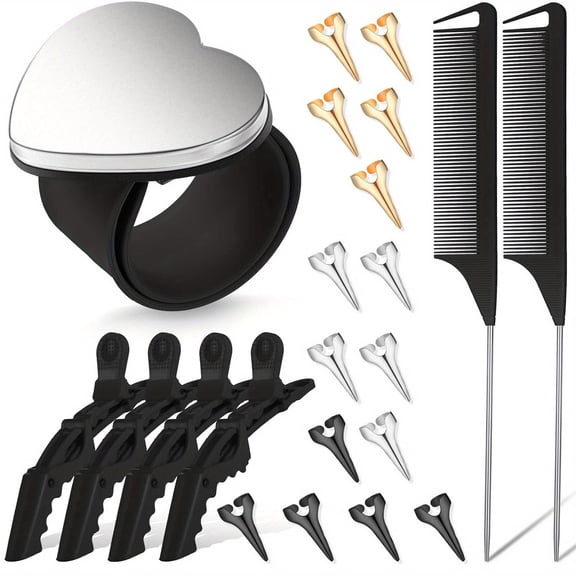 22 Pieces Magnetic Wrist Sewing Pincushion with Braiding Tools, Stainless Steel Pintail Rat Tail Comb, Wide Teeth Alligator Sectioning Clip, and Hair Parting Ring for Hair