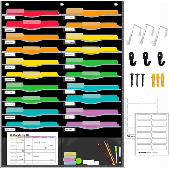 22 Pockets Hanging Wall File Org for Legal/ Letter Size Paper, Over the Door Org, 31" x 45" Pocket Chart for Classroom, Office, Warehouse, Home Use with 24 Name Tags & 6 Hooks