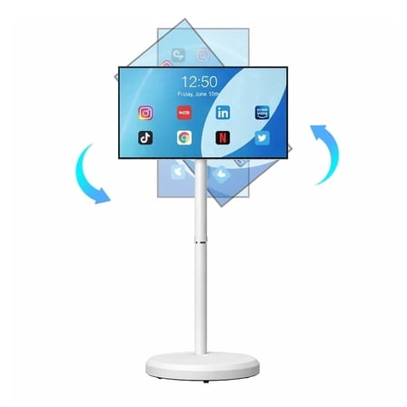 22" Portable Rechargeable Android 15 Touchscreen Smart TV, 1080P IPS Rotating Floor Stand w/ Wheels, 10-Point Touch, WiFi 2.4/5G, Bluetooth 5.0, USB-C OTG, 4GB+64GB, Built-in Speakers & Mic