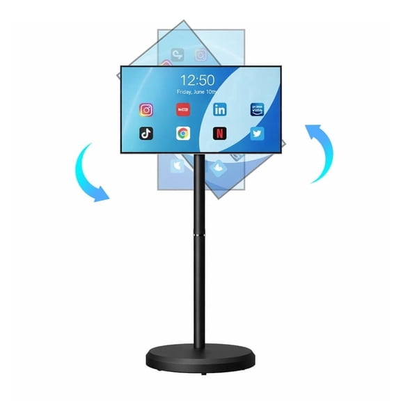 22" Portable Rechargeable Android 15 Touchscreen Smart TV, 1080P IPS Rotating Floor Stand w/ Wheels, 10-Point Touch, WiFi 2.4/5G, Bluetooth 5.0, USB-C OTG, 4GB+64GB, Built-in Speakers & Mic