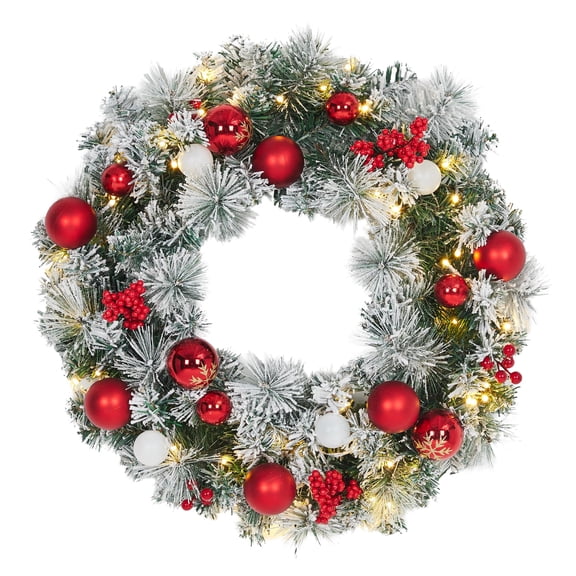 22" Pre-Lit Christmas Wreath with Battery Powered LED Lights - Snowy Flocked Pine, Pinecones, Red & White Ball Ornaments, Red Bow - Rustic Farmhouse Decor for Front Door, Wall or Mantel