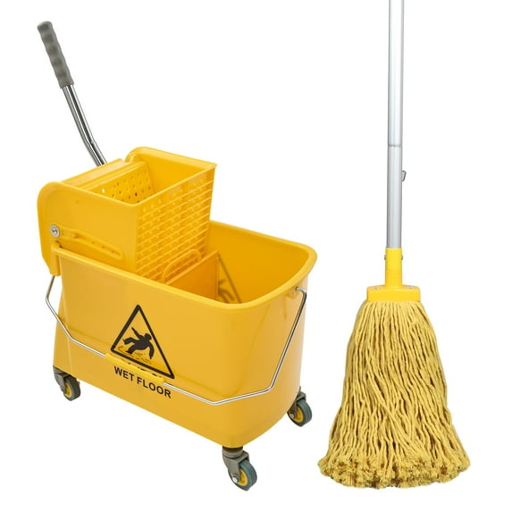 22 Qt (5.5 Gallon) Mop Bucket with Wringer For Floor Cleaning, Handle, Wheels, 16.5" L x 10.6" W x 26.4" H, Yellow,Add One Loop-end String Mop