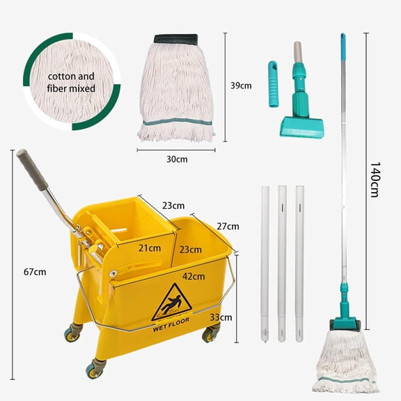 22 Qt (5.5 Gallon) Mop Bucket with Wringer for Floor Cleaning, Handle, Wheels, 16.5" L x 10.6" W x 26.4" H, Yellow, Add One -end String Mop