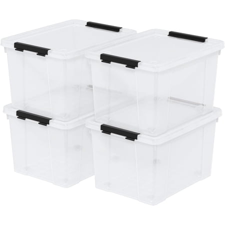 22 Qt Latching Storage Box, Stackable Bin with Latch Lid, Plastic Storage Container Tote, Clear, 4-Pack