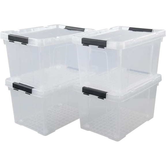 22 Quart Clear Latching Box with Wheels, Plastic Storage Bin, 4 Packs