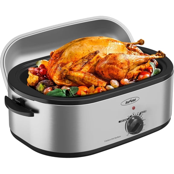 22-Quart Electric Roaster Oven with Removable Pan and Self-Basting Lid Perfect for Turkey Roasting with Temperature Control from 150 to 450F and Cool-Touch Handles Silver