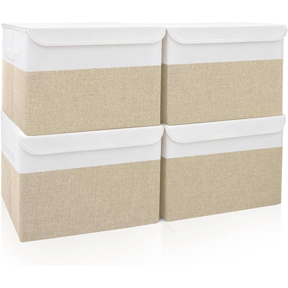 22 Quart Foldable Linen Storage Bin with Flip-Top Lid and Handles 4 Pack Beige and White