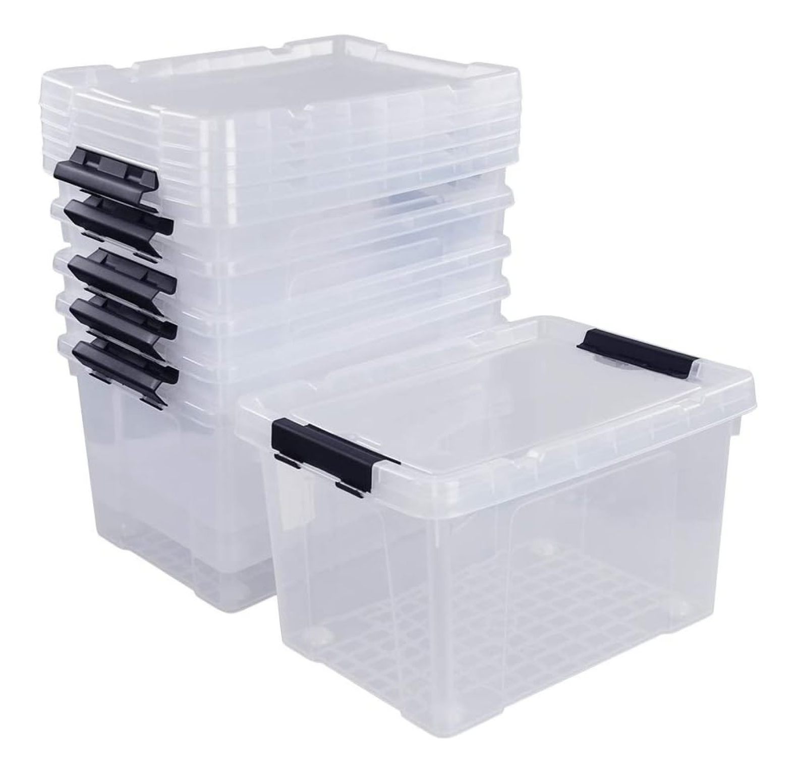 22 Quart Plastic Storage Box with Lid, Black Latching Bins, 6 Packs