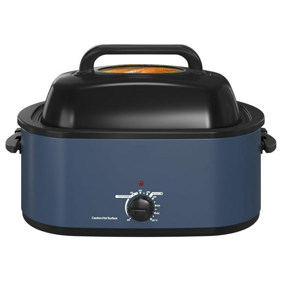22 Quart Roaster Oven with Viewing Self-Basting Lid, Large Electric Turkey Roaster Oven with Defrost & Warm Function, Adjustable Temperature, Removable Pan & Rack, Stainless Steel, Blue