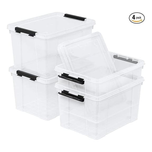 22 Quart Storage Bins 4 Pack, Clear Latch Boxes with Lid & Wheels