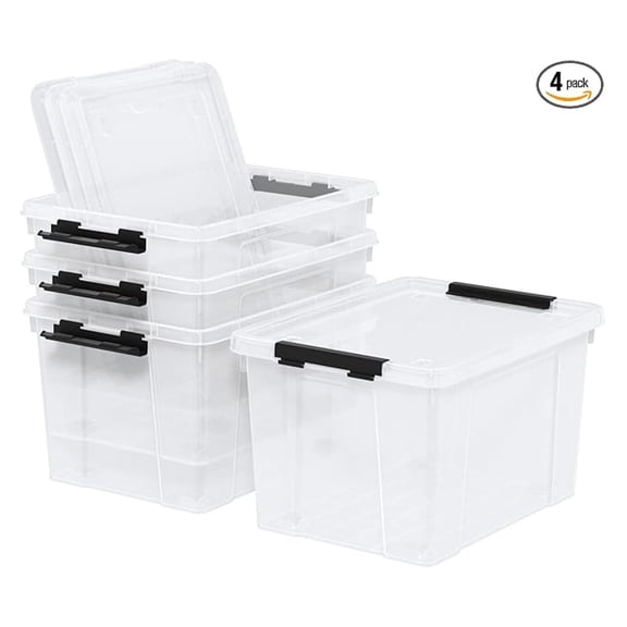 22 Quart Storage Bins 4 Pack, Stackable Plastic Bins with Lids & Latches - Clear Organizer Containers for Home, Garage, Moving, Tools, Toys