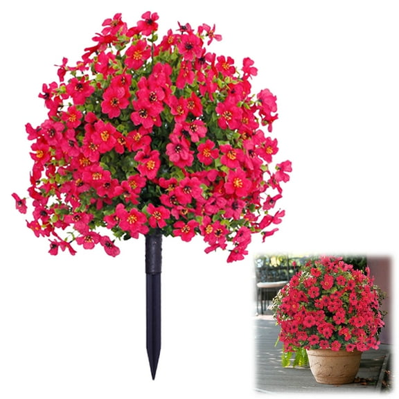 22" Red Geranium Artificial Flowers with Stakes - Faux Greenery Shrubs with Ground Spikes for Outdoor Garden, Porch, Patio, and Farmhouse Decor