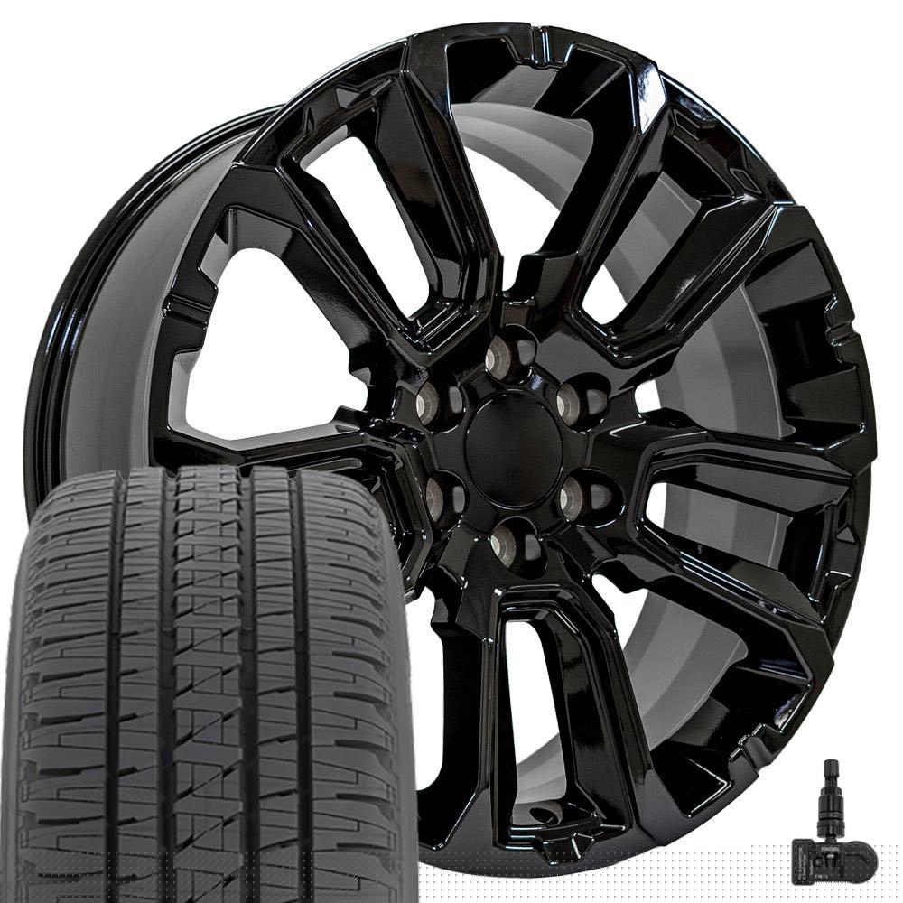 Set(4) OE Wheels CV68 22x9 Gloss Black Rims, Bridgestone Tires & TPMS 6x139.7