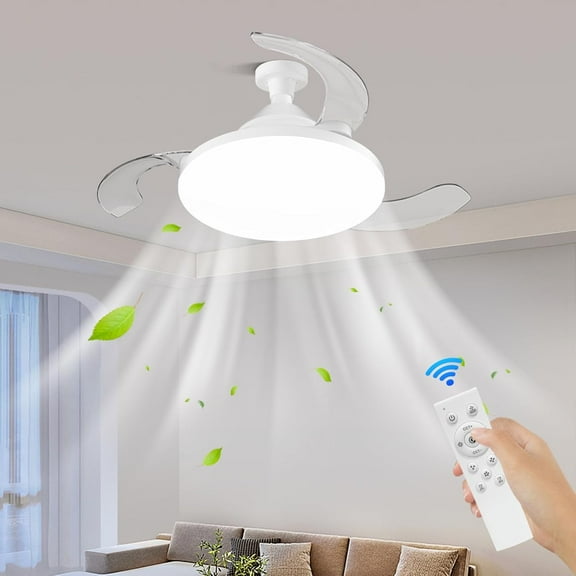 22'' Retractable Ceiling Fan, Full Spectrum Low Profile Ceiling Fan with Light and Remote, Modern White Fan for Dining Room, Living Room, Bedroom, Retractable Blades, Dimmable, Timer Setting