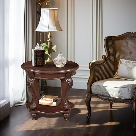 22" Retro Round End Table - Solid Wood Side Table with Shelf & Carved Legs for Living Room, Farmhouse Style in Cherry