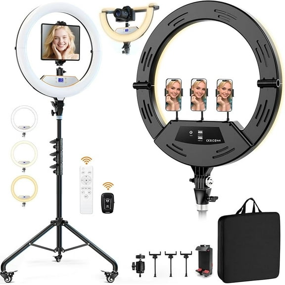 MY 22'' Ring Light with 75'' Tripod Stand, LED Display/2 USB Ports/6500K Dimmable Ring Light for ipad Phone Holder for Tattoo Lash Live Makeup Video Recording Barber Stylist Photography