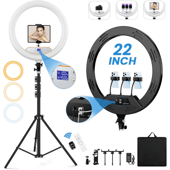 22'' Ring Light with 75'' Tripod Stand, LED Display/2 USB Ports/6500K Dimmable Ring Light for ipad Phone Holder for Tattoo Lash Live Makeup Video Recording TikTok Barber Stylist Photography