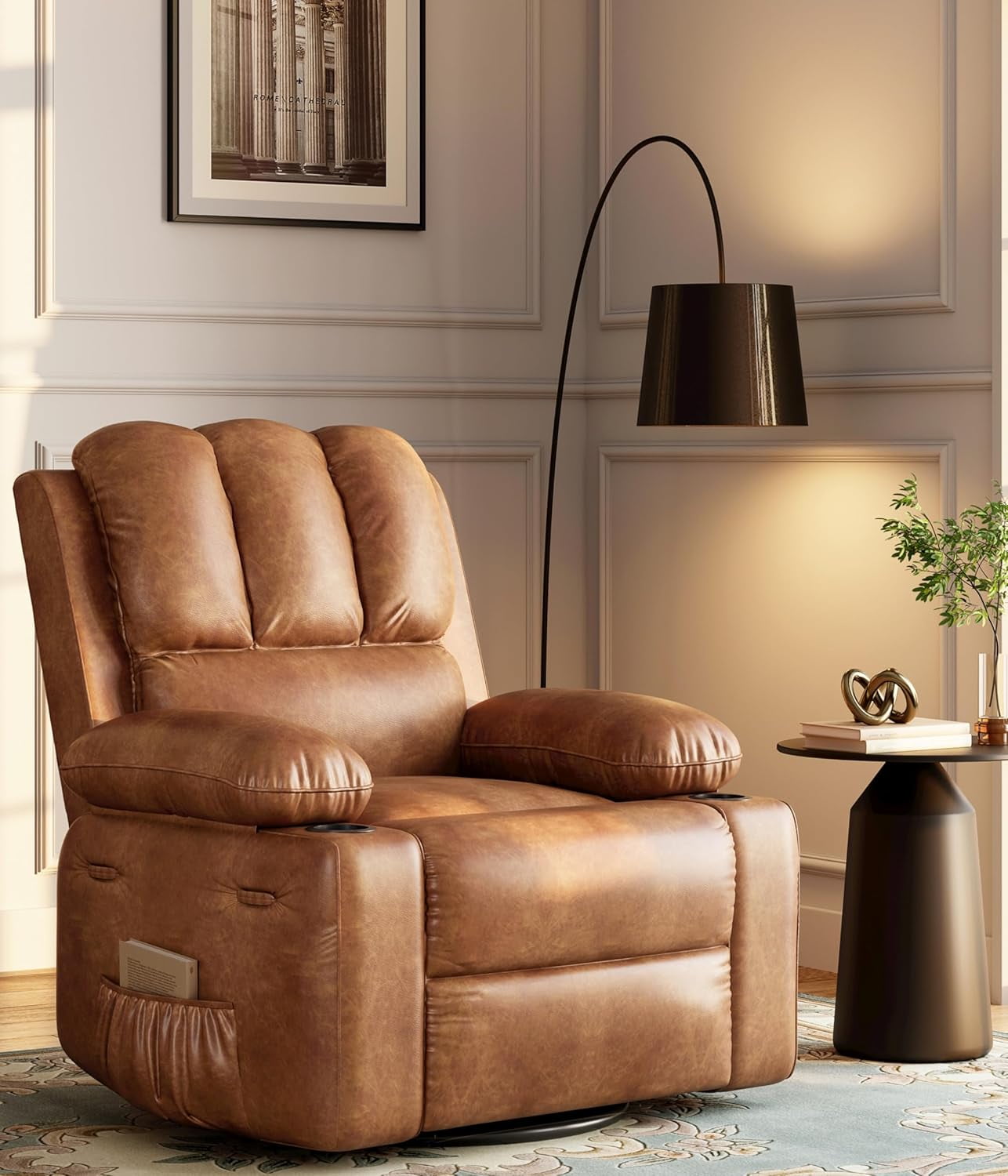 22’’ Rocker Recliner Chair, Lazy Boy Recliner Chair with 1.5X Sponge Filling, PU Leather Swivel Recliner with Side Pockets and Cup Holders, for Living Room, Bedroom, Nursery, Vintage Leather
