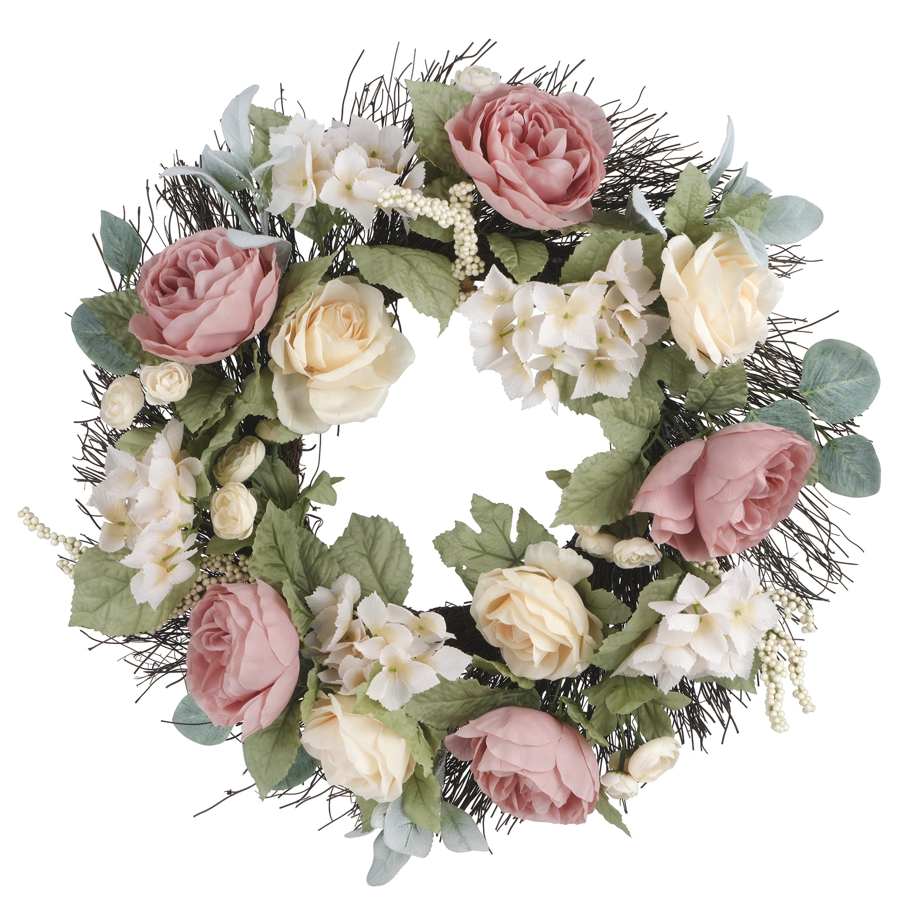 22" Pink and Cream Artificial Rose and Hydrangea Spring Wreath