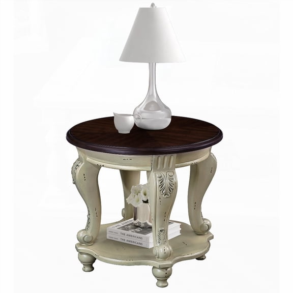 22" Solid Wood Round End Table with Shelf, Easy Assembly, Beige and Espresso Top for Living Room