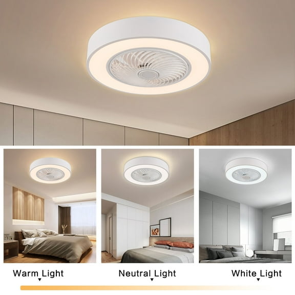 22'' Round LED Ceiling Fan Light, Flush Mount Dimmable Chandelier Lamp with Remote Control for Living Room