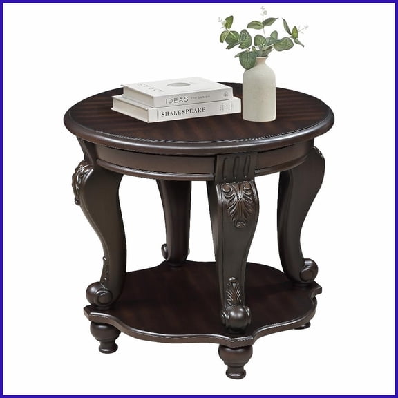 22'' Round Two-Tone Distressed Coffee Table, Solid Wood Accent Side Table with Heat-Resistant Shelf, Space-Saving for Living Room