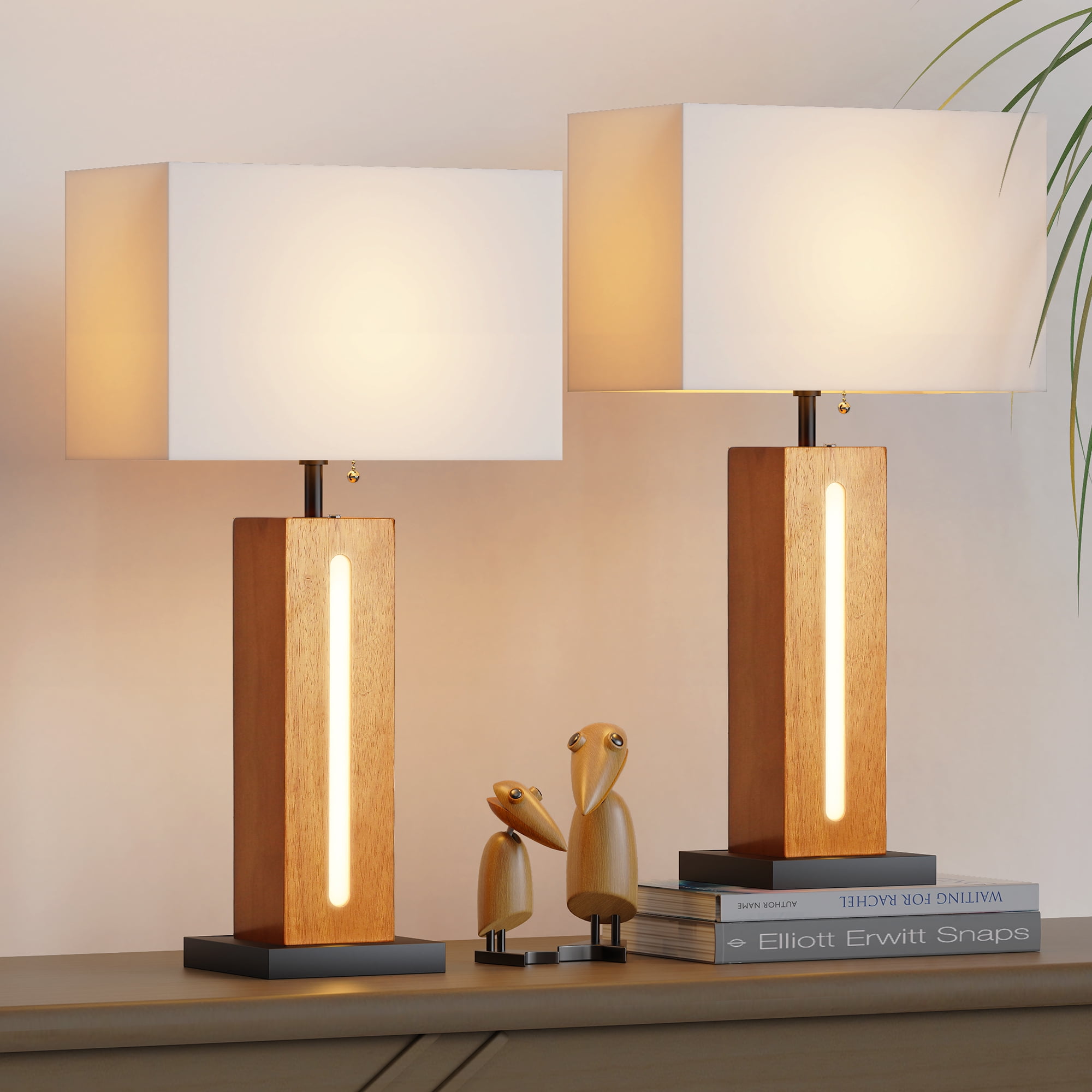 22" Rustic Wood Grain Bedside Lamps Set of 2, Modern Square Dimmable Table Lamp with Shades LED Bulbs for Living Room