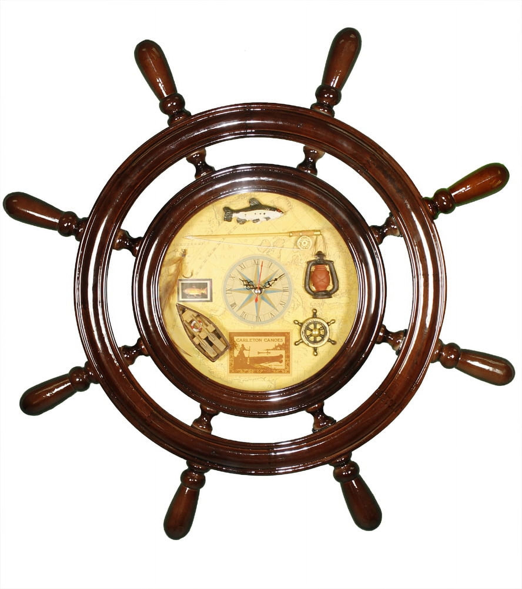 22" SHIP WHEEL CLOCK Wood NAUTICAL FISHING DECOR